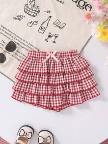 2pcs/Set Girls Soft & Comfortable Casual Fashion Cute Bow Decor Knitted Plaid T-Shirt Vest Paired With Fluffy Layered Ruffle Hem Shorts, Girls Outfit, Suitable For Summer Daily Wear, Vacation, Party And Outdoor Activities - Multicolor - View 7