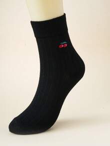 1/4 双装樱桃图案翻边中筒袜，女士可爱简约甜美风格薄袜，透气吸湿，时尚日常通勤休闲运动袜 - 彩色 - 查看 12