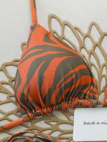 两件套全印花露背系带比基尼泳衣，性感迷人，适合夏季假期在海滩、舞台和音乐会等场合穿着。 - 橘色 - 查看 3