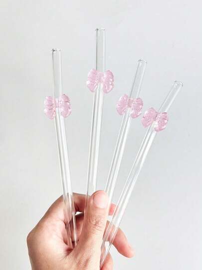 2 piezas Pajitas de vidrio reutilizables con grandes lazos rosas, accesorios de cocina, para vasos de agua, té con leche, café, batidos, hogar, restaurantes, fiestas de cócteles, regalos divertidos para novias/novios, padres, amigos, suministros para días festivos, San Valentín.