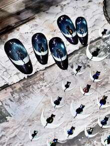 Beautizon Nailartlab Moonlit Black Cat 3D Nail Stickers, Holographic Cat On Crescent Moon Design, Starry Sky Nail Decals For Press-On Nails & Gothic Style Manicures - Multicolor - View 6