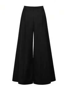 Solid Color Pocket Marked Women's Wide Leg Pants, Suitable For Daily, Back To School, Party, Airport, Commuting, All Seasons Black Spring - Black - View 7