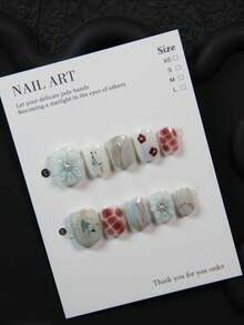 10 miếng dán móng tay hình oval thủ công, decal hoa 3D bằng acrylic đính đá, trang sức móng tay tái sử dụng dành cho nữ, bé gái, dùng hàng ngày, dự tiệc, đám cưới, ngày lễ, bao gồm dũa móng và gel móng tay. - Màu xanh nhạt - Xem 11