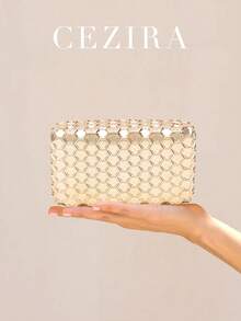 CEZIRA Geantă de seară pentru femei, design unic la modă, marcă de lux, carcasă în formă de cutie ABS, închidere magnetică, model hexagonal de fagure, geantă de umăr cu lanț lung, ușoară și portabilă, rafinată și elegantă, potrivită pentru banchete, nunți, petreceri de cocktail, întâlniri și poate fi oferită și cadou. - Aur - Vizualizare 1