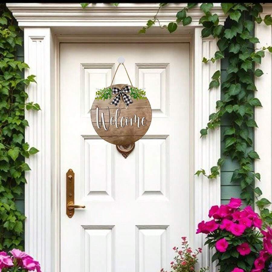 1pc 2D Flat [Brown Wreath Welcome Sign Decor], Front Door Welcome Sign, Brown Wreath Decor For Porch, Farmhouse, Home, Bar, Outdoor, Indoor Hanging Gift, Room Decor, Home Decor, All Year Round, No Electricity Required - Brown - View 1