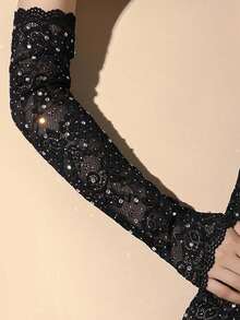 1只新款时尚婚礼/节日透明网纱露指长手套，轻盈透气 - 黑色 - 查看 2