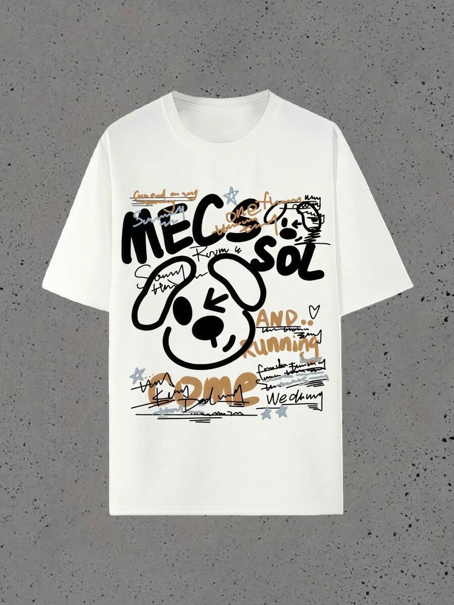 SS26 Camiseta de Manga Corta Unisex de Algodón 100% - Diseño de Perrito Cartoon con Estilo Graffiti y Textos Decorativos, Estilo Juvenil Creativo para Uso Diario - Blanco - Ver 1