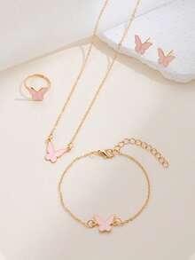 5pcs Elegant Butterfly Pendant Earrings Bracelet Ring And Necklace Set, Best Gift For Girls For Daily Wear, Parties And Events - Pink - View 4