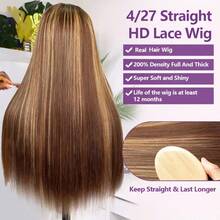 32英寸13x4蕾丝前假发和5x5高清蕾丝闭合假发，200%密度，即戴即用，无需胶水，直发，预先拔毛漂白发结，直发，无需胶水，真人前额发，4/27蜂蜜金，女士款 - SP4/27 - 查看 7