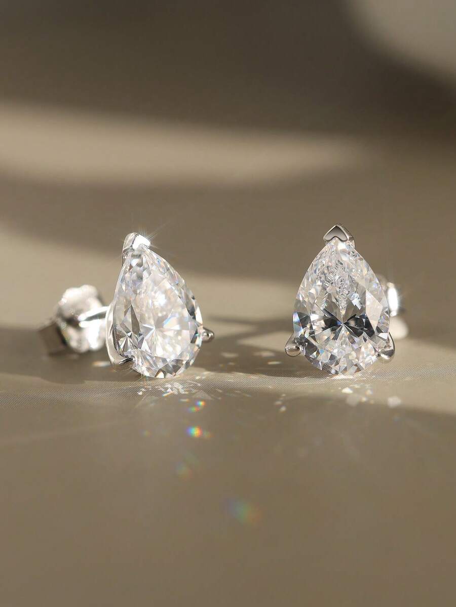 1pc 925 Sterling Silver Teardrop Cubic Zirconia Stud Earrings, Elegant & Timeless Jewelry For Young Women - LZE02 - View 1