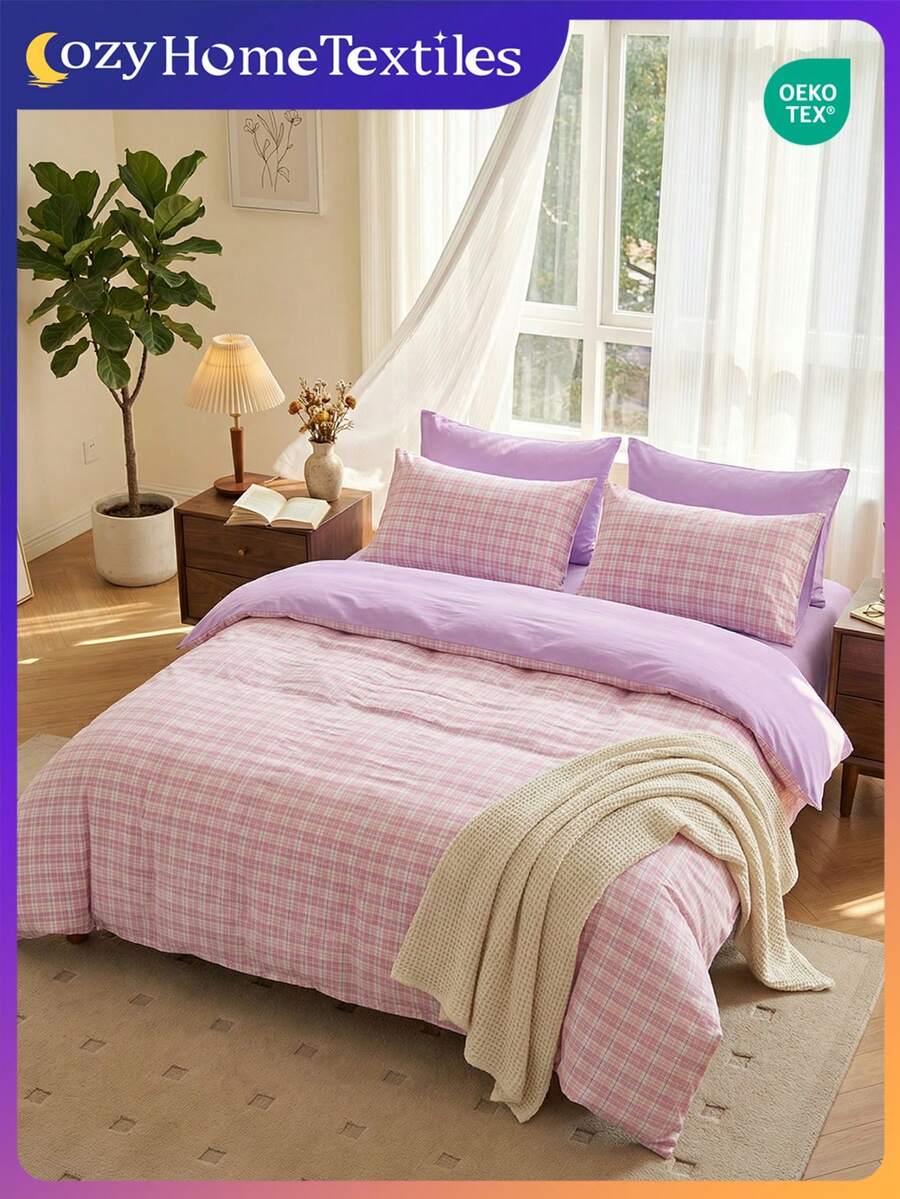 2/3pcs Digital Print Duvet Cover Set (1 Duvet Cover + 1/2 Pillowcases Without Insert), Pink Gingham Print, Cozy And Breathable Bedding Set, Skin-Friendly And Comfortable, Soft And Anti-Pilling,Fits For Twin/Full/King/Queen All Size Beds, Suitable For All Seasons, Multiple Size Options Available, Machine Washable, Aesthetic Bedding, Room Decor, Bedroom Decor, Oeko-Tex - Multicolor - View 1