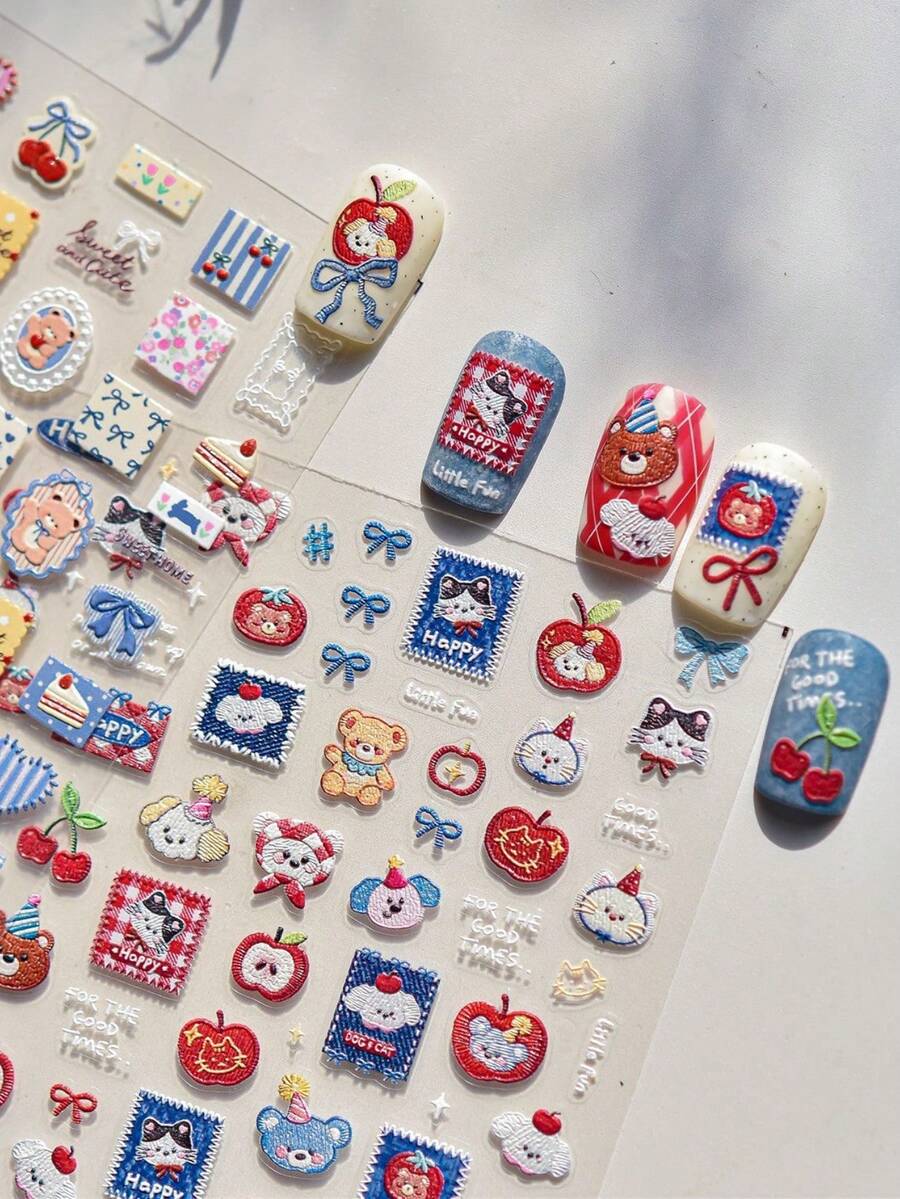 1片装 5D立体美甲贴纸 可爱甜美卡通布贴 泰迪熊饰品美甲贴纸 DIY 3D立体美甲贴花