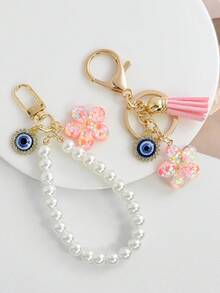 1pc Pearl Devil's Eye Tassel Flower Keychain, Bag Charm, Holiday Gift - Multicolor - View 2