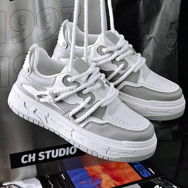 3pcs Men's Fashionable Thick Sole Skateboard Shoes, Color Block Patchwork Casual Preppy Style, Outdoor Lace-Up Minimalist Versatile, Spring/Autumn - white ash - View 5