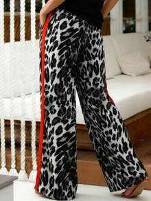 Plus Size Women's Classic Leopard Print Pants With Pockets, Drawstring Waist, Elastic Waistband, Comfortable & Loose Fit, Suitable For Home, Daily Wear, Commuting, Spring & Summer - Light Grey - View 2