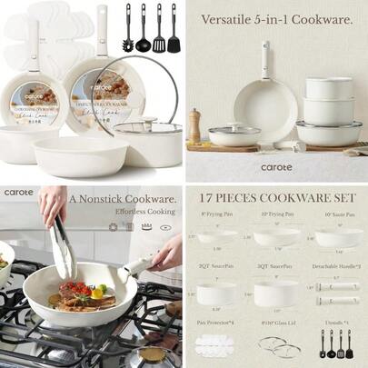 CAROTE 17pcs Pots And Pans Set, Nonstick Cookware Set Detachable Handle, Induction Kitchen Cookware Sets Non Stick With Removable Handle, RV Cookware Set, Oven