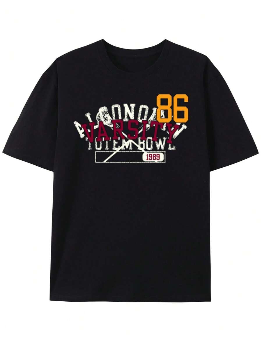 T-Shirt Vintage 1986 Varsity Football Bowl T-Shirt Summer Round Neck Short Sleeved Casual Cotton Print - 黑色 - 查看 1
