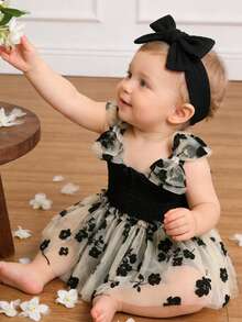 2er/Set, Baby Mädchen, weich und bequem, lässig elegant süß, Schleifen-Dekor Blumenstickerei Rüschen Baumwolle Trägerkleid Romper und Stirnband Set, Baby Mädchen Kleidung, Baby Zubehör, Baby Kleidung, Baby Party Outfit, Baby Fotografie Outfit, geeignet für Sommer Alltag, Urlaub, Party, Fotoshooting, Outdoor Aktivitäten - Verschiedenfarbig - Übersicht 1