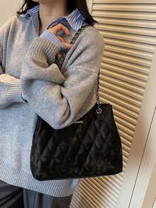 女士时尚纯色设计休闲单肩包，带链条，适合日常使用，秋季款