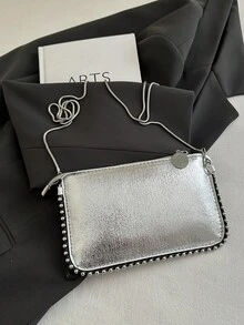 女士串珠链条斜挎包，复古彩色激光全息金属信封手拿包，适合派对 - 銀色 - 查看 3