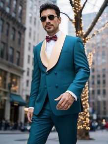 Men's Suit Shawl Lapel Double-Breasted Blazer & Pant Set - Formal 2-Piece Tuxedo With Wafer Knit Texture For Weddings & Black Tie Events - Màu xanh bạc hà - Xem 11