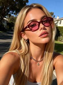 1pc Women's Fashion Decorative Glasses, Plastic Material, Solid Color Pattern, Bohemian Style, Round Shape, Suitable For Daily Use, Hiking, Beach, Outfit Matching, Street Photography, Driving, Various Festivals, Fits All Face Shapes, High-Quality Glasses, Great As A Gift, Fashionable Accessory - 1 PC Burgundy Frame With Red Trim - View 1