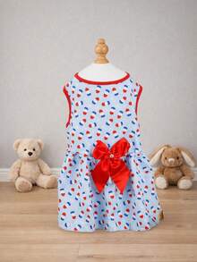 holdhoney 1 Piece Fresh Retro-Style Pet Sundress, Light Fabric Dog Sleeveless Outfit, Charming Vintage Style With Light Blue Base & Contrasting Red-Blue Pattern, Sleeveless Shape Accented With Large Red Bow Detail For Sweet Look, Breathable & Comfortable Function To Keep Small Dogs Like Poodles Cozy - Multicolor - View 10