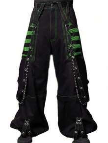 Jeans cargo de mujer, pantalones casuales sueltos con cierre de botón y cremallera a rayas, con bolsillos, estilo urbano - Negro y verde - Ver 1