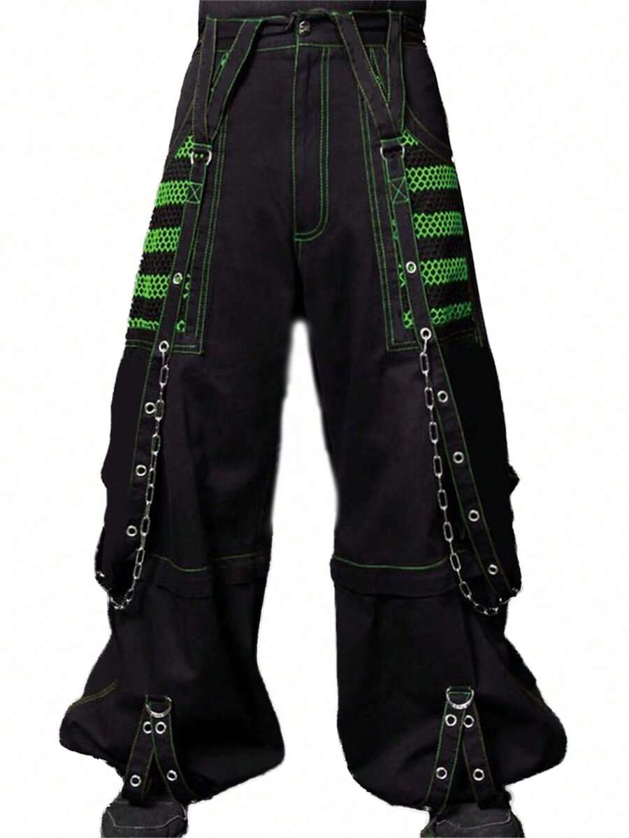 Jeans cargo de mujer, pantalones casuales sueltos con cierre de botón y cremallera a rayas, con bolsillos, estilo urbano - Negro y verde - Ver 1