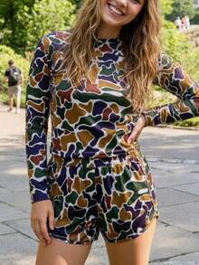 Women's Casual Camouflage Top And Shorts Set For Spring And Summer, Made Of Soft And Comfortable Fabric, Suitable For Everyday Wear, Vacations, And As A Gift For Women. - 卡其色套裝 - 查看 1