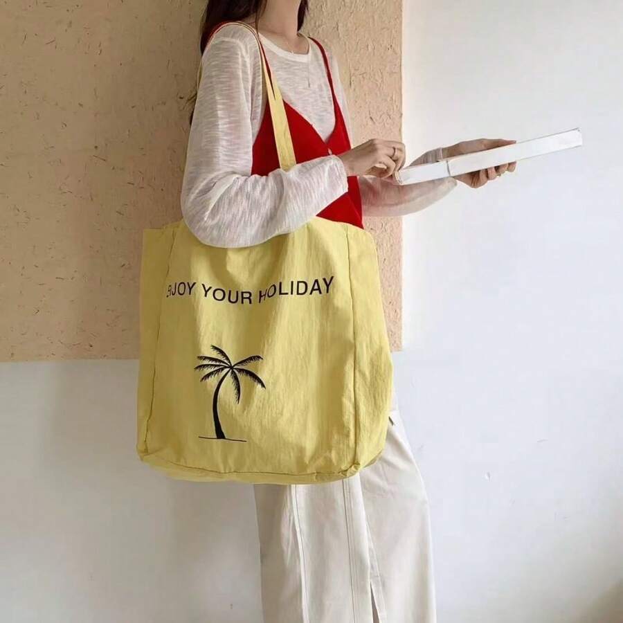 Túi mua sắm cỡ lớn thời trang mới, kiểu dáng casual, họa tiết chữ cái, túi đeo vai đi biển, túi đi biển, ba lô du lịch, ví nữ casual, thích hợp cho đi làm, mua sắm, tụ họp, đi học, du lịch và các dịp nghỉ lễ. - Màu vàng - Xem 1