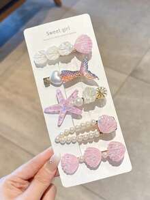 5pcs/Set Mermaid Style Ocean Theme Teen Hair Accessories, Shell, Starfish, Mermaid Tail Design Hair Clips, Cute Ocean Elements Photo Props Hair Clips (Random Cardboard) - Multicolor - View 6