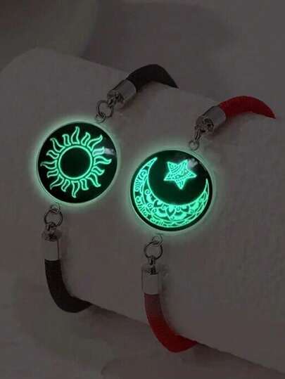 2pcs/Set Fashionable Personalized Glow-In-The-Dark Sun, Star, Moon Design Couple/Best Friend Bracelet Set, Suitable For Daily Decoration, Can Be Given As Gifts To Friends, Family, Wife Or Couples For Valentine's Day