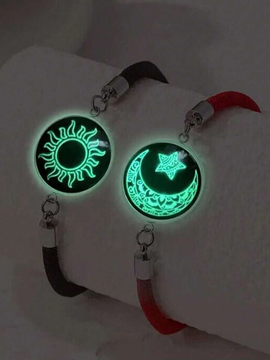 Set de 2 brățări personalizate la modă, cu design strălucitor în întuneric, cu soare, stea și lună, pentru cupluri/cel mai bun prieten, potrivite pentru decorarea zilnică, pot fi oferite cadou prietenilor, familiei, soției sau cuplurilor de Ziua Îndrăgostiților - Multicolor - Vizualizare 1