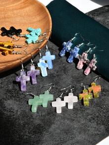 Natural Stone Cross Earrings, Vintage Personalized Design Turquoise & Amethyst & Rhodochrosite Pendant Earrings - Multicolor - View 3