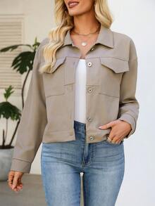 女士短款衬衫式外套，正面带纽扣口袋，翻领长袖，略带弹力梭织面料 - 卡其色 - 查看 4
