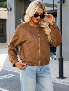 Ladies' Short Fashion Pilot Jacket, Round Neck With Pockets, Front Zipper, Long-Sleeved Spring Coat - Caramel Color - View 6