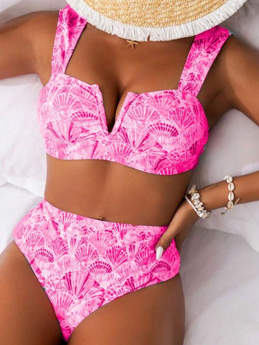 Women's Sexy Deep V-Neck Seashell Print Bikini Top And High Waist Slimming Triangle Bottoms Bikini Set Set, Suitable For Beach, Resort, Swimming Vacation Summer - Rose Red - View 1