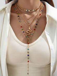 4pcs/Set Minimalist Long Chained Rhinestone Snake Pendant Multilayer Y-Necklace, Unique Design Handmade Jewelry For Women, Suitable For Daily Wear And Party, Random Color Rhinestone - Multicolor - View 1