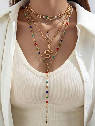 4pcs/Set Minimalist Long Chained Rhinestone Snake Pendant Multilayer Y-Necklace, Unique Design Handmade Jewelry For Women, Suitable For Daily Wear And Party, Random Color Rhinestone