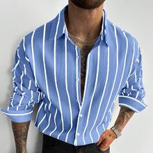 GloMan 男士经典黑白条纹长袖衬衫，亚麻质感休闲办公通勤衬衫，四季皆宜的经典款式，圣诞节新年礼物，母亲节礼物 - 藍白色 - 查看 5