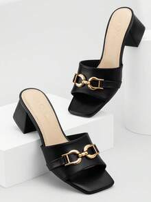 Athlefit Women's Raffia Heeled Sandals Square Open Toe Slip On Mules Chunky Block Heels With Metal Chain For Summer Vacation - 黑色 - 查看 5