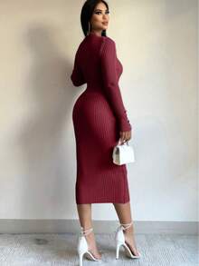 Autumn Winter Ribbed Knit Midi Dress - Burgundy - View 3