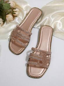Summer Palace Style Exquisite Gorgeous Rhinestone Strap Flat Sandals, Versatile Fashion Women Shoes, Hurry Up Sisters! - Champagne - View 2