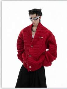 Suéter de punto grueso vintage con cuello en V y costillas acanaladas suave y holgado para hombre estilo relajado y moderno - Rojo - Ver 3