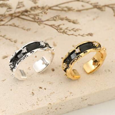 Anillo abierto de onda irregular para mujeres - Joyería de accesorio elegante y lujoso con zirconia para damas