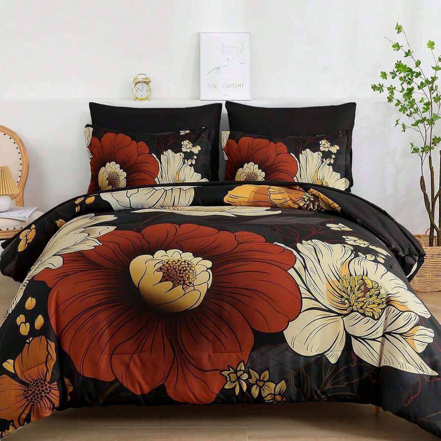 7 Pieces Gray Floral Comforter Set Queen Size King Size Bedding Set, Floral Comforter Flower Bedding Sets Lightweight Boho Bed Set With Sheet,Pillowcases&Shams For Wedding Items,Home Bed Room Decor,Easter Gifts,Mothers Day Gift,All Season - Gray-1164 - 查看 1