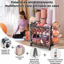 Estante para Mancuernas Extraíble con Ganchos y Ruedas Organizador de Almacenaje Tapete Yoga Multifuncional Estante de Equipo para Colchoneta Deportivo Pesas de Gimnasio Bola de Espuma en Casa - Rosa Oxidada - Ver 4