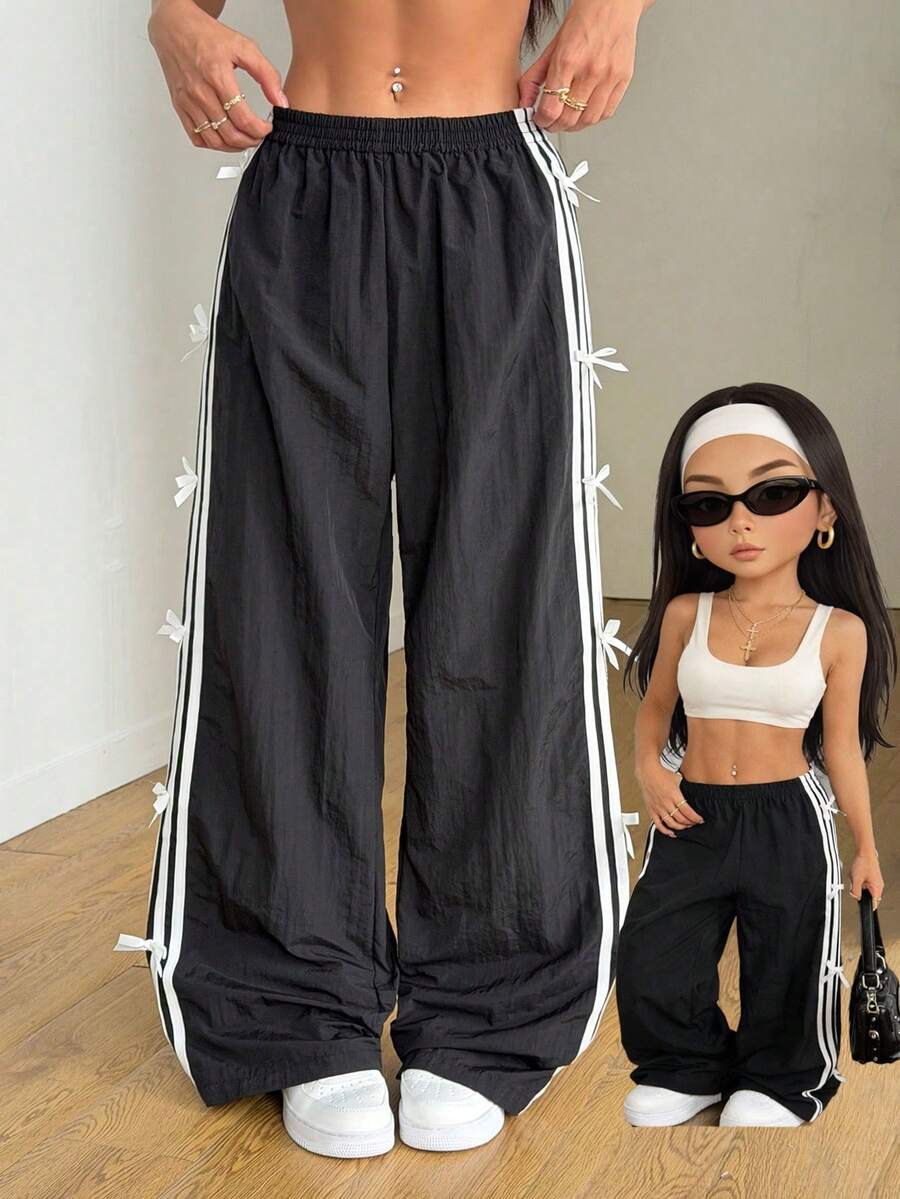 AITYI Studio 女式长裤，侧边条纹蝴蝶结设计，时尚小众，休闲实用，百搭日常穿着，户外露营旅行装备，街头风，毕业季和返校季必备，年轻时尚，美式复古 - 黑色 - 查看 1