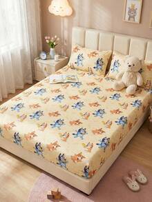 Bluey 1件装布鲁伊主题床笠，床上用品，床垫保护套，床罩，床单，舒适家纺，透气防起球床垫保护套，布鲁伊小爱心主题，卡通床罩，家居装饰，卧室宿舍装饰床罩，适用于所有尺寸的床 - 单人床、双人床、大号床、特大号床，四季皆宜，可机洗，防尘防滑，不含枕头和枕套，完美的节日礼物，房间装饰 - 彩色 - 查看 8